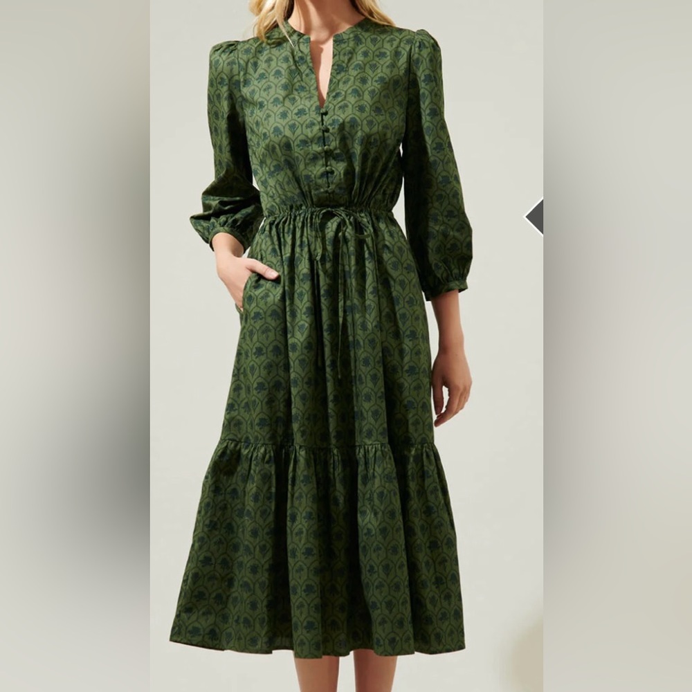 Sugalips Zinnia Floral Midi Dress- Olive Green